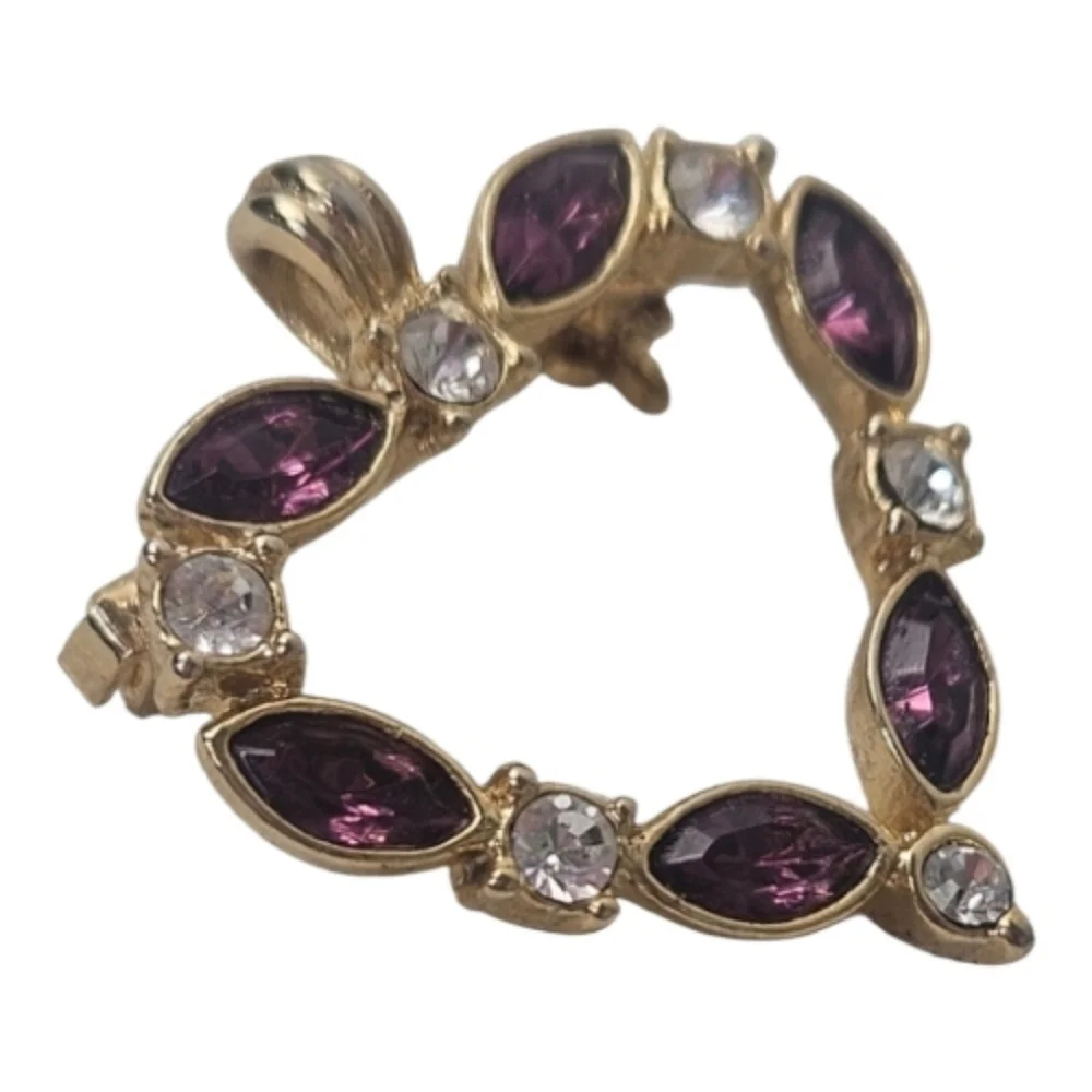 Vintage Heart Brooch Pendant Purple Rhinestone Gold Tone Convertible Pin